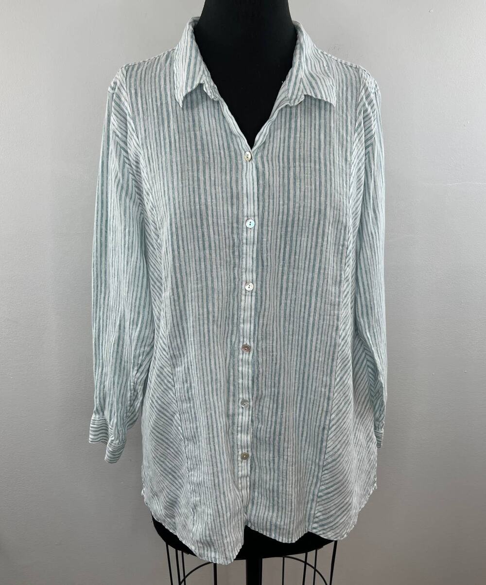 J. Jill Love Linen Woven Blue Stripe Button-Down Long Sleeve Shirt XL Petite